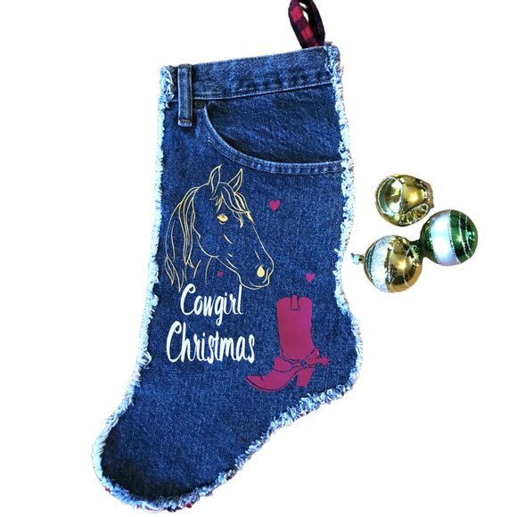 Denim Christmas Stocking w/Pocket: Cowgirl Christmas Horse Boot Graphics, S-M - Picture 1 of 9
